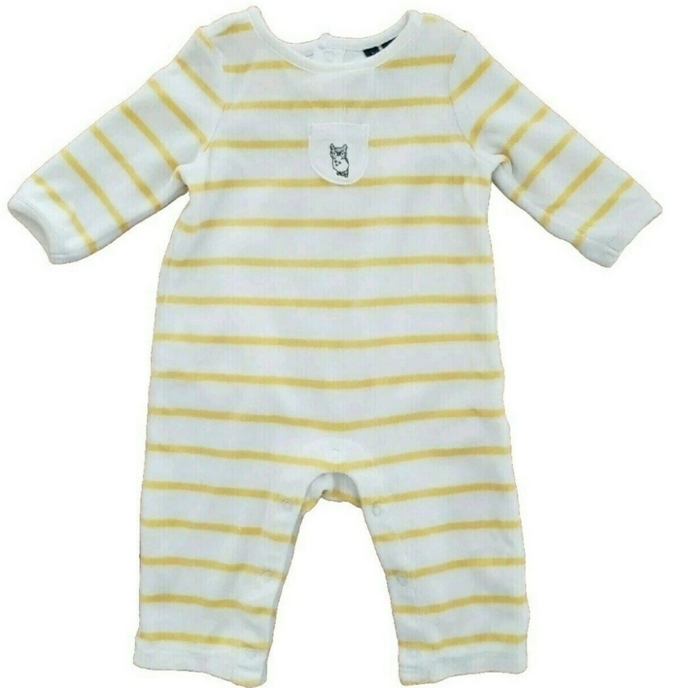 Janie and Jack Romper Size 0-3mo Velour Yellow White Stripe Embroidered Owl